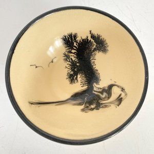 Handmade Stoneware Rice Bowl Signed AJ 16 With Black Tree Design Birds Beige